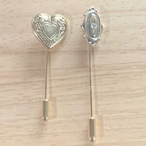 Victorian Style Vintage Stick Pin Set Heart Floral Gold Tone & Oval‎ Silver Tone